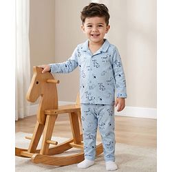 Babyhug Cotton Knit Full Sleeves Shirt & Pyjama Co-ord Night Suit With Animal Print - Light Blue