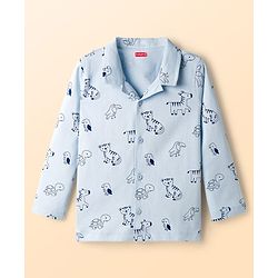 Babyhug Cotton Knit Full Sleeves Shirt & Pyjama Co-ord Night Suit With Animal Print - Light Blue