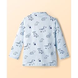 Babyhug Cotton Knit Full Sleeves Shirt & Pyjama Co-ord Night Suit With Animal Print - Light Blue