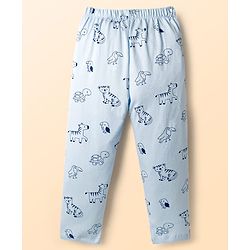 Babyhug Cotton Knit Full Sleeves Shirt & Pyjama Co-ord Night Suit With Animal Print - Light Blue
