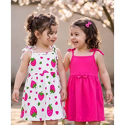 Babyhug 100% Cotton Single Jersey Knit Sleeveless Strawberry & Hearts Printed Frocks Pack Of 2 - Multicolor