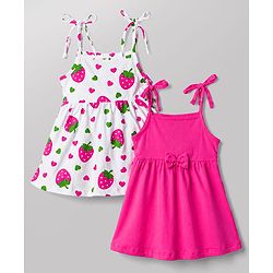 Babyhug 100% Cotton Single Jersey Knit Sleeveless Strawberry & Hearts Printed Frocks Pack Of 2 - Multicolor