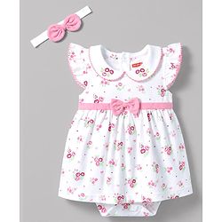 Babyhug 100% Cotton Knit Sleeveless Floral Printed Frock Style Onesie With Headband - White & Pink