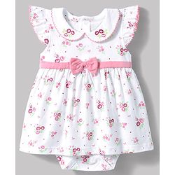 Babyhug 100% Cotton Knit Sleeveless Floral Printed Frock Style Onesie With Headband - White & Pink