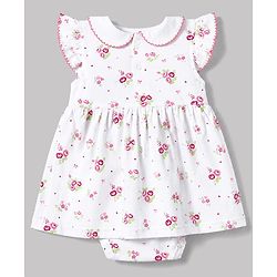 Babyhug 100% Cotton Knit Sleeveless Floral Printed Frock Style Onesie With Headband - White & Pink