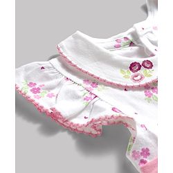 Babyhug 100% Cotton Knit Sleeveless Floral Printed Frock Style Onesie With Headband - White & Pink