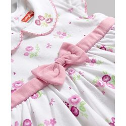 Babyhug 100% Cotton Knit Sleeveless Floral Printed Frock Style Onesie With Headband - White & Pink