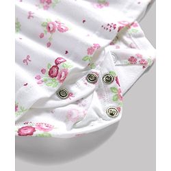 Babyhug 100% Cotton Knit Sleeveless Floral Printed Frock Style Onesie With Headband - White & Pink