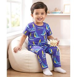 Babyhug Cotton Knit Half Sleeves Co-ords T-Shirt & Pajama Night Suit with Ship Print - Navy Blue