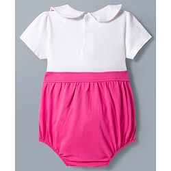 Babyhug 100% Cotton Knit Half Sleeves Onesie with Floral Embroidery & Bow Applique - Pink & White