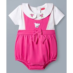 Babyhug 100% Cotton Knit Half Sleeves Onesie with Floral Embroidery & Bow Applique - Pink & White