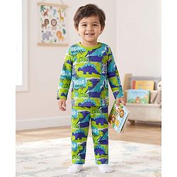 Babyhug Cotton Knit Full Sleeves Dino Printed T-Shirt & Pyjama Co-Ord  Night Suit - Green & Navy Blue