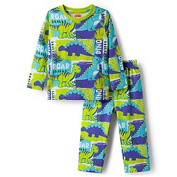 Babyhug Cotton Knit Full Sleeves Dino Printed T-Shirt & Pyjama Co-Ord  Night Suit - Green & Navy Blue