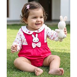Babyhug 100% Cotton Knit Full Sleeves Floral & Bunny Printed Onesie with Hairband - Dark Pink & White