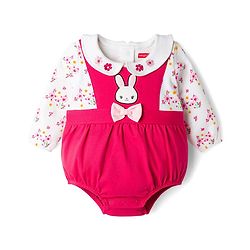 Babyhug 100% Cotton Knit Full Sleeves Floral & Bunny Printed Onesie with Hairband - Dark Pink & White