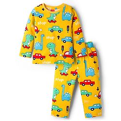 Babyhug Cotton Knit Full Sleeves Co-ords T-Shirt & Pajama Night Suit with Dino Print - Yellow