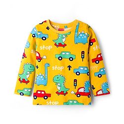 Babyhug Cotton Knit Full Sleeves Co-ords T-Shirt & Pajama Night Suit with Dino Print - Yellow