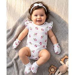 Babyhug 100% Cotton Knit Frill Sleeves Floral Print Onesie with Hairband Mittens & Booties - White