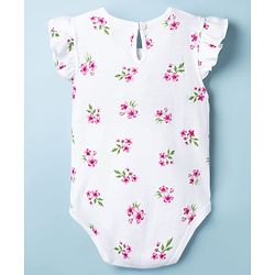 Babyhug 100% Cotton Knit Frill Sleeves Floral Print Onesie with Hairband Mittens & Booties - White
