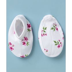 Babyhug 100% Cotton Knit Frill Sleeves Floral Print Onesie with Hairband Mittens & Booties - White