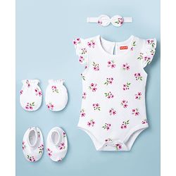 Babyhug 100% Cotton Knit Frill Sleeves Floral Print Onesie with Hairband Mittens & Booties - White