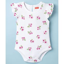 Babyhug 100% Cotton Knit Frill Sleeves Floral Print Onesie with Hairband Mittens & Booties - White