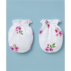Babyhug 100% Cotton Knit Frill Sleeves Floral Print Onesie with Hairband Mittens & Booties - White