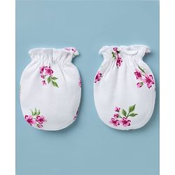 Babyhug 100% Cotton Knit Frill Sleeves Floral Print Onesie with Hairband Mittens & Booties - White