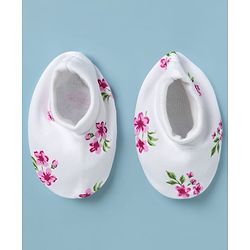 Babyhug 100% Cotton Knit Frill Sleeves Floral Print Onesie with Hairband Mittens & Booties - White