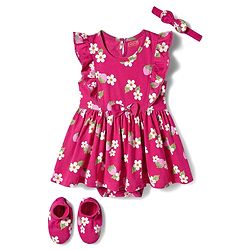 Babyhug 100% Cotton Knit Frill Sleeves Strawberry & Floral Printed Onesies with Headband & Booties - Red