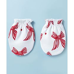 Babyhug 100% Cotton Knit Sleeveless Bow Printed Onesies With Headband Booties & Mitten - Multicolour