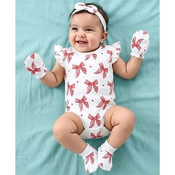 Babyhug 100% Cotton Knit Sleeveless Bow Printed Onesies With Headband Booties & Mitten - Multicolour