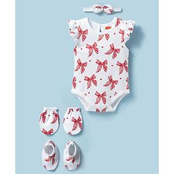 Babyhug 100% Cotton Knit Sleeveless Bow Printed Onesies With Headband Booties & Mitten - Multicolour
