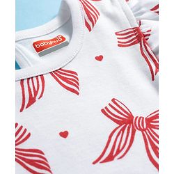 Babyhug 100% Cotton Knit Sleeveless Bow Printed Onesies With Headband Booties & Mitten - Multicolour
