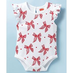 Babyhug 100% Cotton Knit Sleeveless Bow Printed Onesies With Headband Booties & Mitten - Multicolour