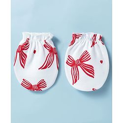 Babyhug 100% Cotton Knit Sleeveless Bow Printed Onesies With Headband Booties & Mitten - Multicolour