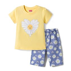 Babyhug Cotton Knit Half Sleeves Floral Printed T-Shirt & Capri Night Suit - Yellow