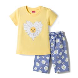 Babyhug Cotton Knit Half Sleeves Floral Printed T-Shirt & Capri Night Suit - Yellow
