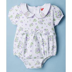 Babyhug 100 % Cotton Knit Half Sleeves Floral Printed Onesies with Hairband - White & Purple