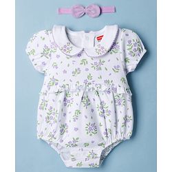 Babyhug 100 % Cotton Knit Half Sleeves Floral Printed Onesies with Hairband - White & Purple