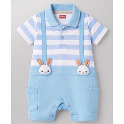 Babyhug 100% Cotton Knit Half Sleeves Striped Polo Romper with Bunny Applique - Multicolor