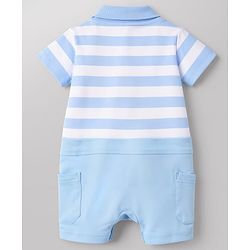 Babyhug 100% Cotton Knit Half Sleeves Striped Polo Romper with Bunny Applique - Multicolor