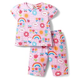 Babyhug Cotton Knit Half Sleeves Rainbow Printed Co-Ord T-Shirt & Capri Night Suit Set -Pink