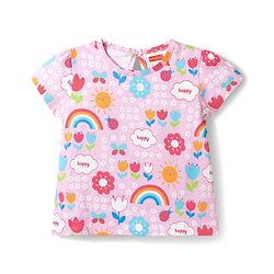 Babyhug Cotton Knit Half Sleeves Rainbow Printed Co-Ord T-Shirt & Capri Night Suit Set -Pink