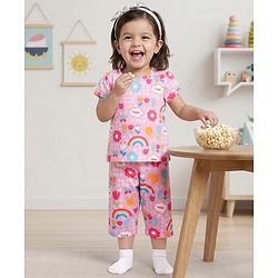 Babyhug Cotton Knit Half Sleeves Rainbow Printed Co-Ord T-Shirt & Capri Night Suit Set -Pink