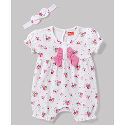 Babyhug 100% Cotton Knit Half Sleeves Floral Printed Romper With Bow Applique & Headband - White