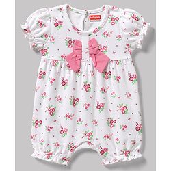 Babyhug 100% Cotton Knit Half Sleeves Floral Printed Romper With Bow Applique & Headband - White