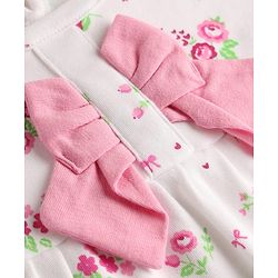 Babyhug 100% Cotton Knit Half Sleeves Floral Printed Romper With Bow Applique & Headband - White