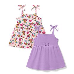 Babyhug 100% Cotton Single Jersey Knit Sleeveless Fit and Flare Frocks With Floral Print & Bow Applique Pack of 2 - Multicolor