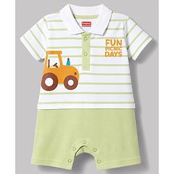 Babyhug 100% Cotton Knit Half Sleeves Striped & Vehicles Printed Romper - Light Green
